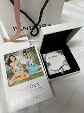 Pandora Silver Bracelet with Pink and Blue Enamel Charms